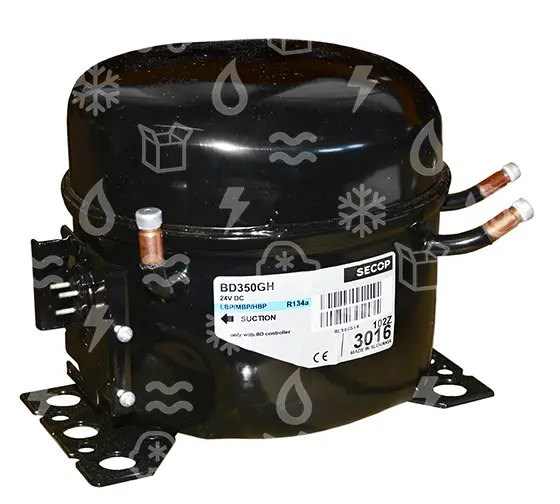 kompresor SECOP / DANFOSS BD350GH, R134a, 24 V DC, s elektroinstalací